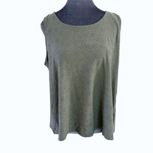 French Cottagecore Olive Floral Eyelet Sleeveless Scoop Neck Flared Top Blouse L